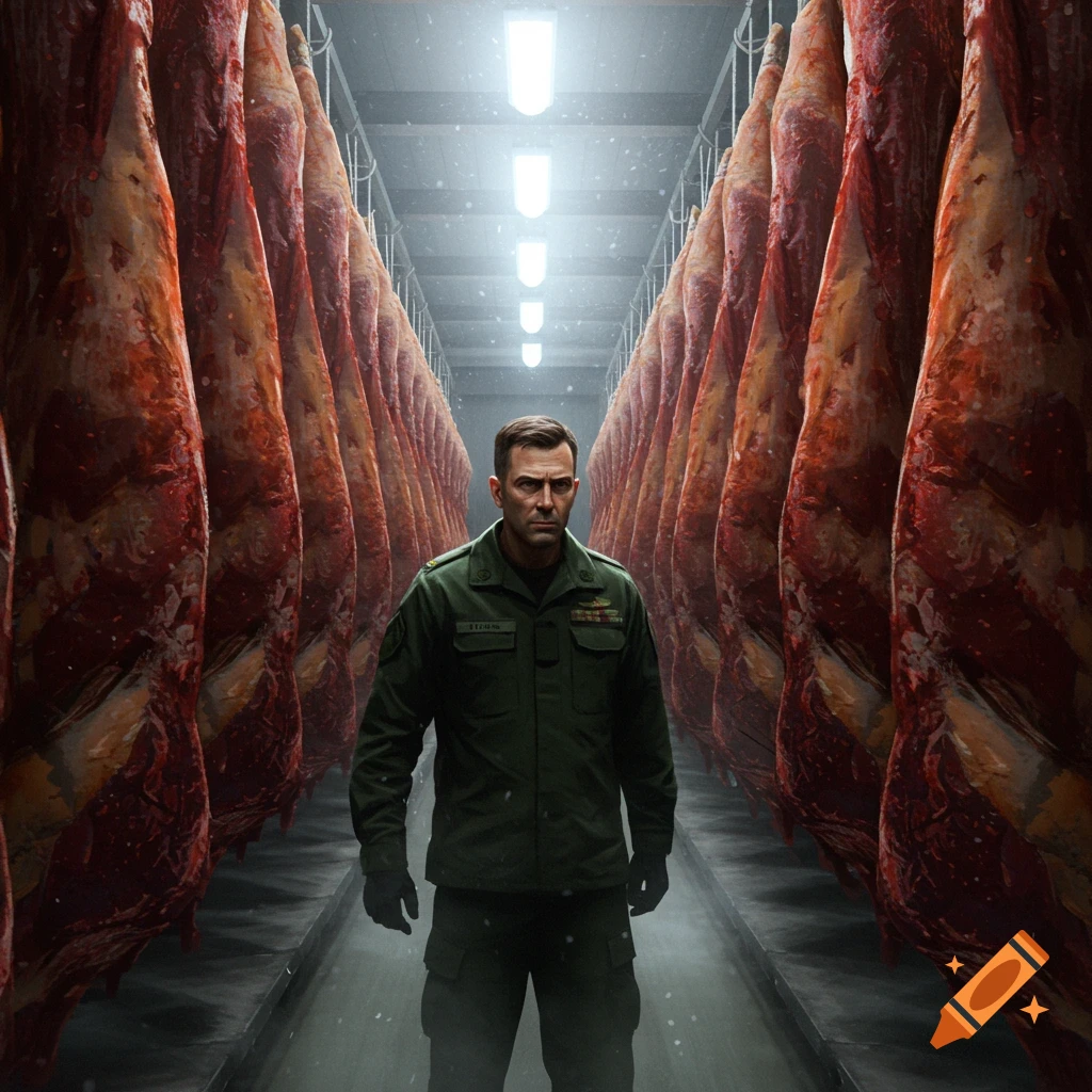 A man in a military uniform stands in a meat locker filled with hanging carcasses.