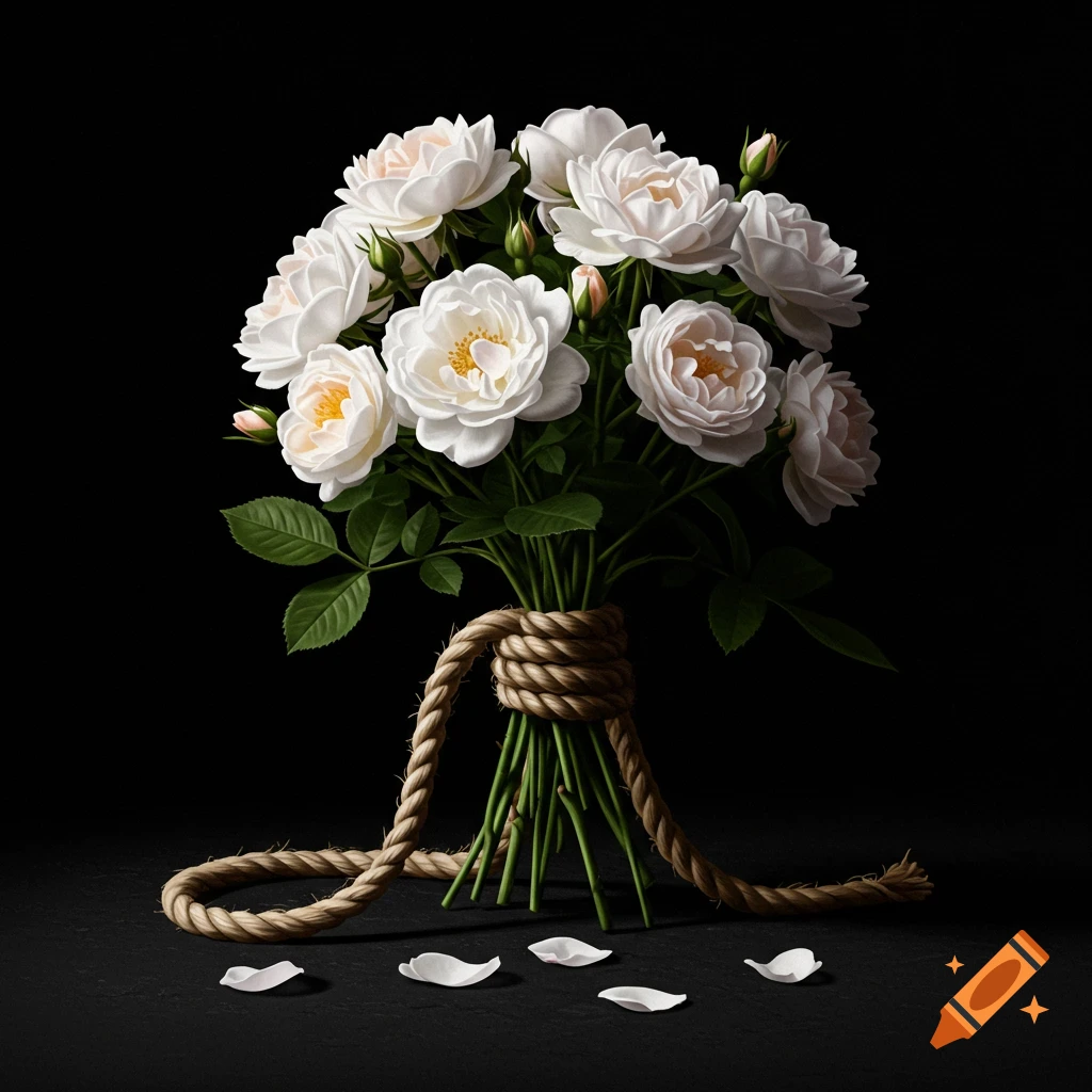 A bouquet of white roses tied with rope on a black background.