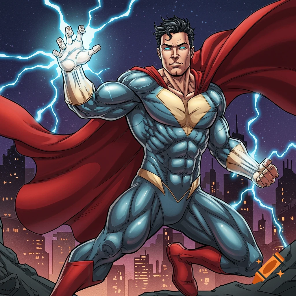 Muscular superhero with lightning over city at night, digital art.