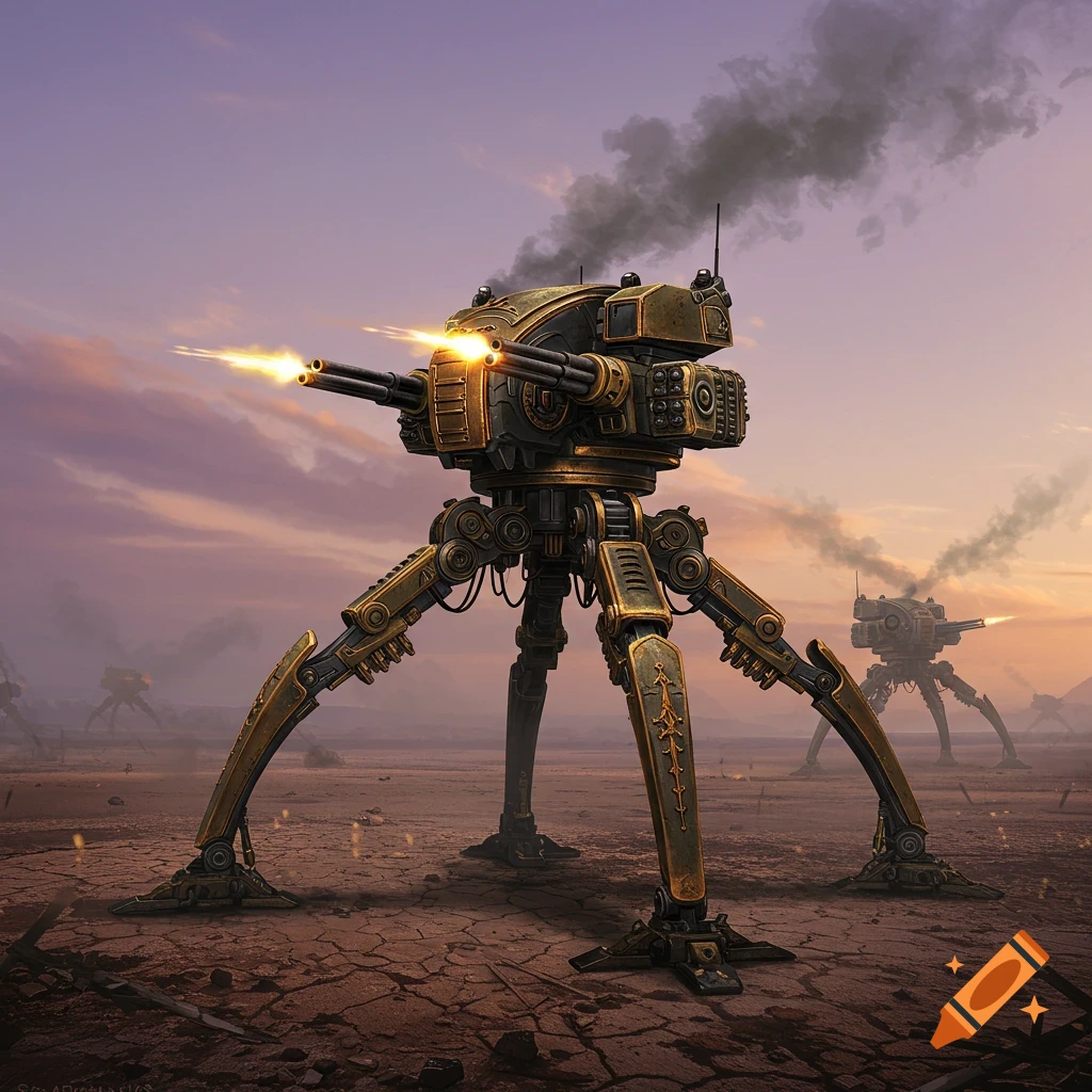 A large tripod fighting machine fires weapons in a dry landscape at sunset, with other mechs in the distance.