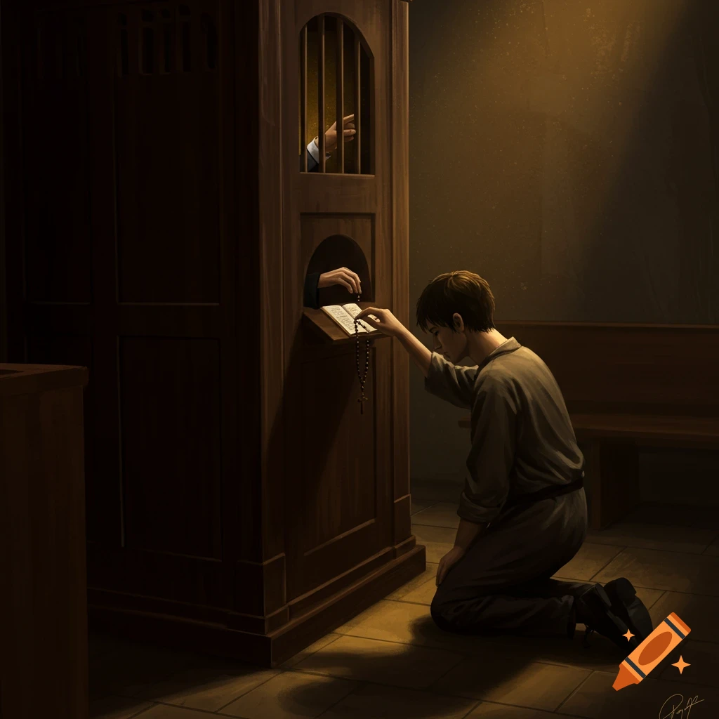 A person kneels before a confessional booth, holding a rosary and book.