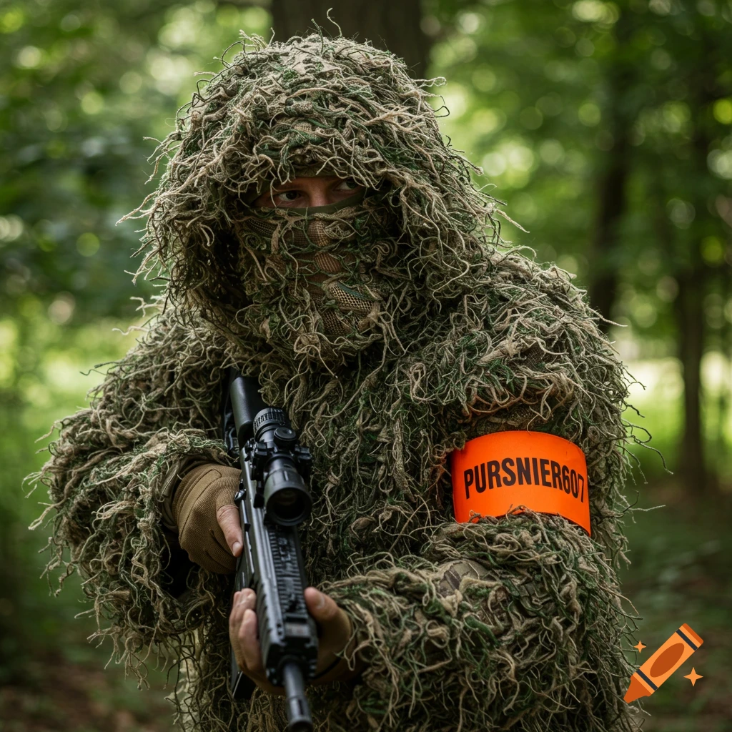 Soldier in ghillie suit holding a rifle with an orange armband