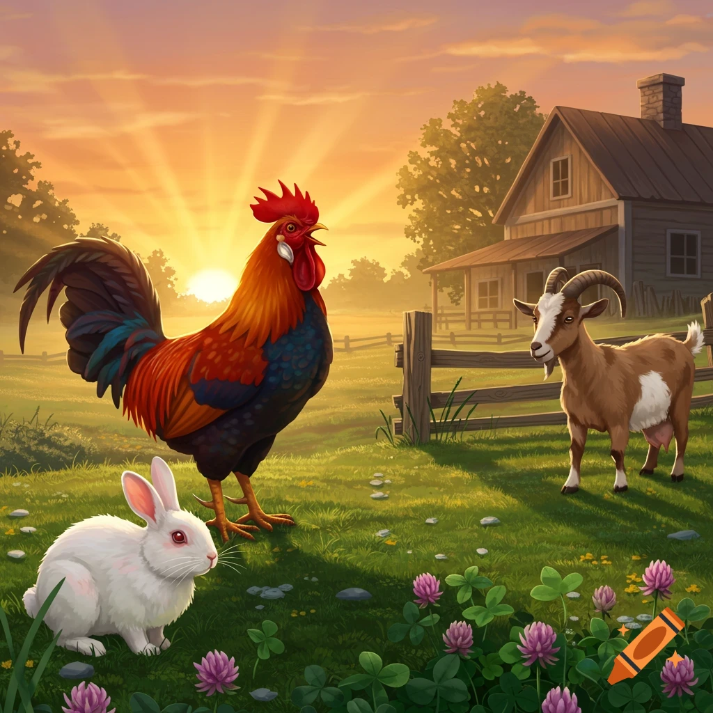 A rooster crows at sunrise on a farm with a rabbit and a goat in the yard.
