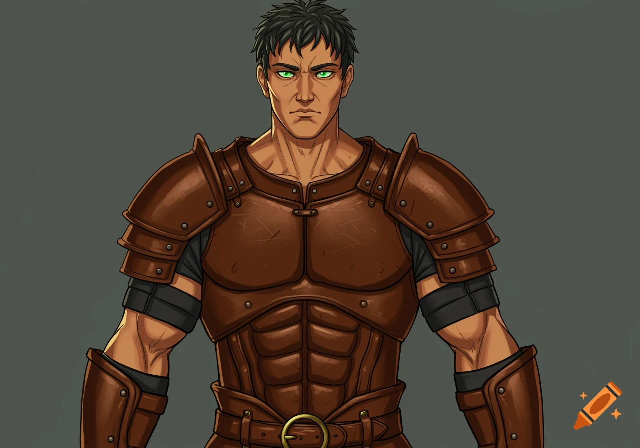 A man with short black hair and green eyes wears brown leather fantasy armor in an anime style.