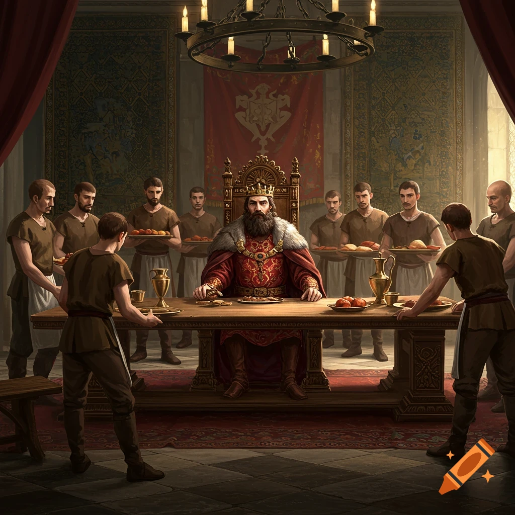 A king sits at a long table in a hall, surrounded by servants bringing food.