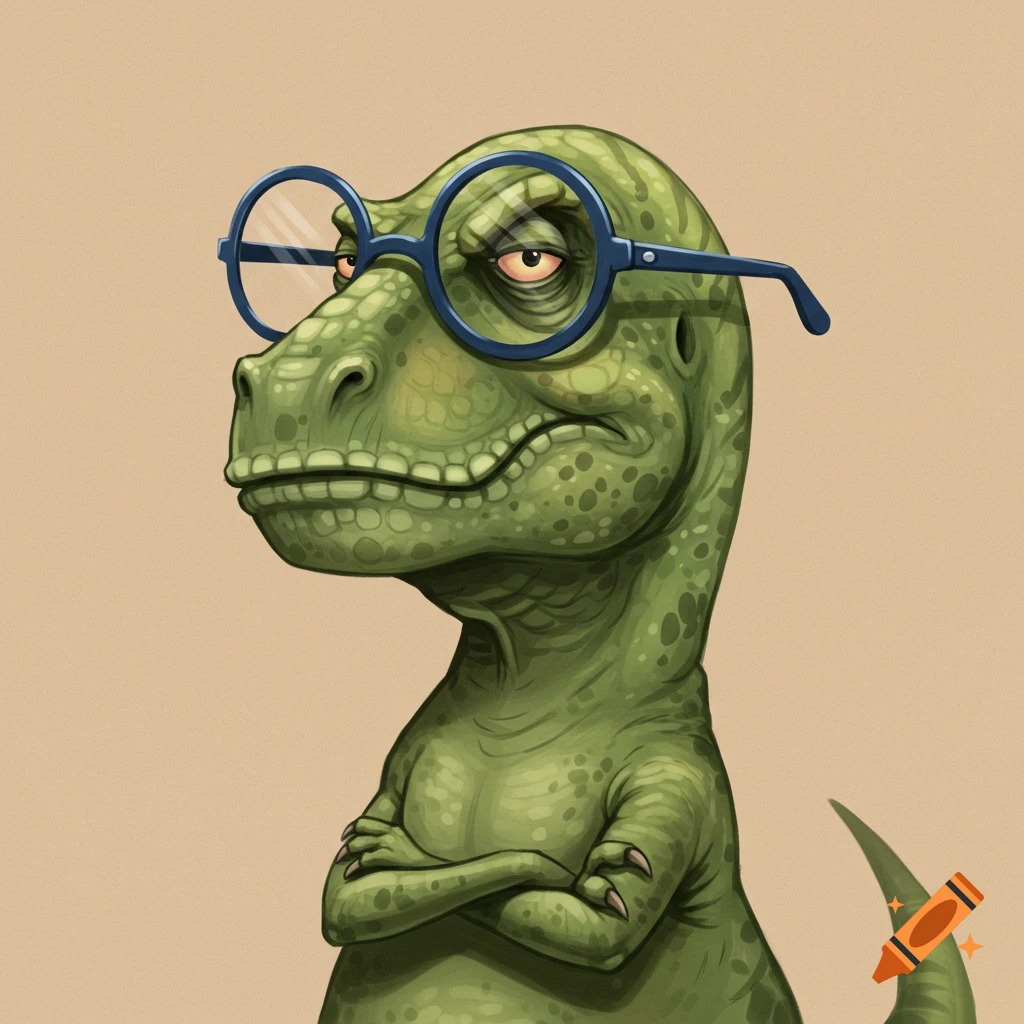 A green dinosaur wearing glasses with its arms crossed, looking annoyed.