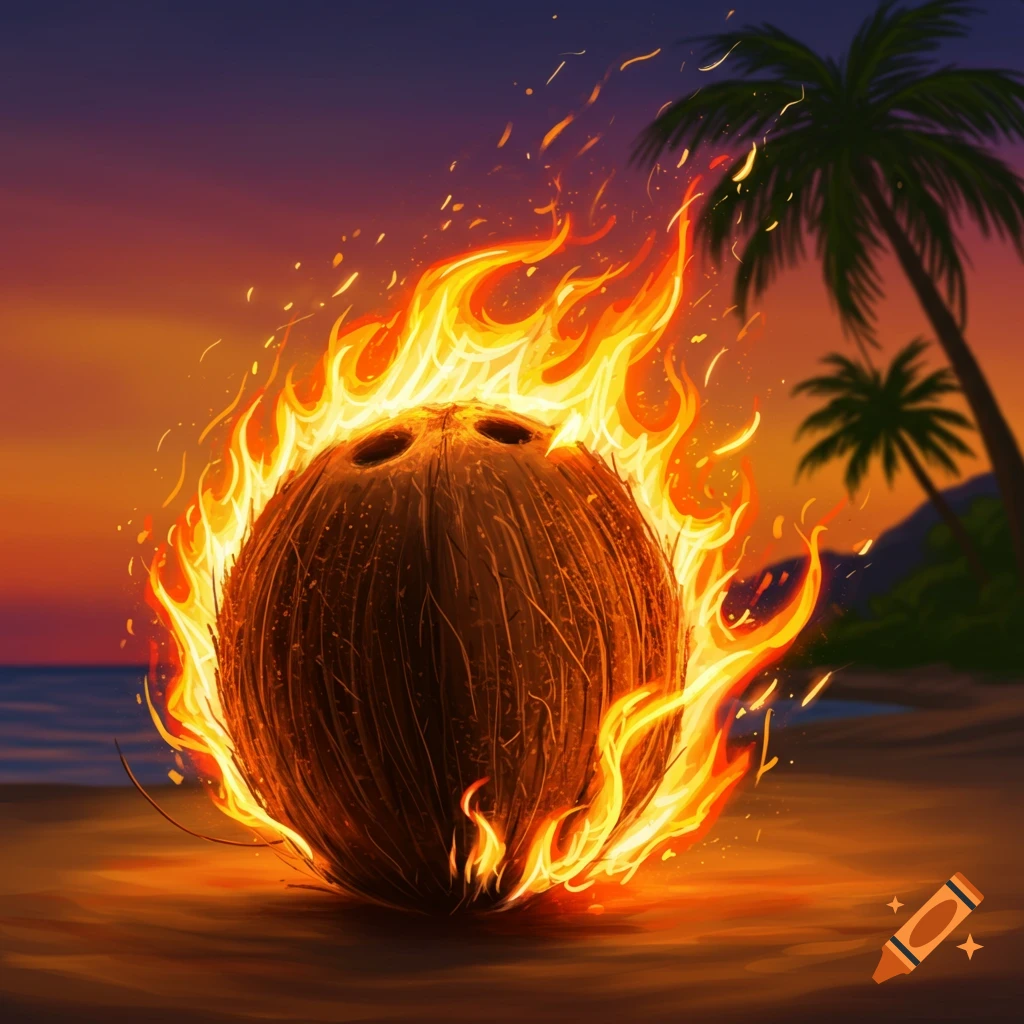 A flaming coconut sits on a beach at sunset.