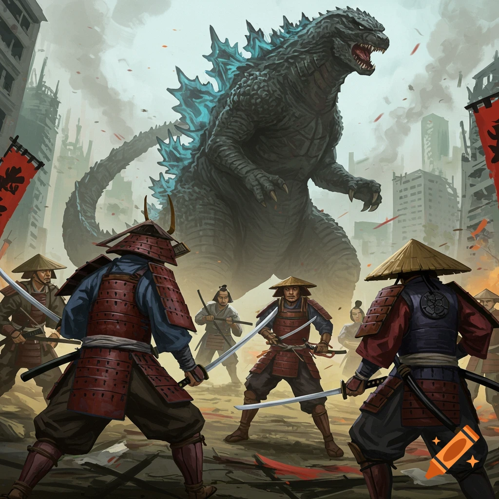 Samurai warriors battle Godzilla in a destroyed city