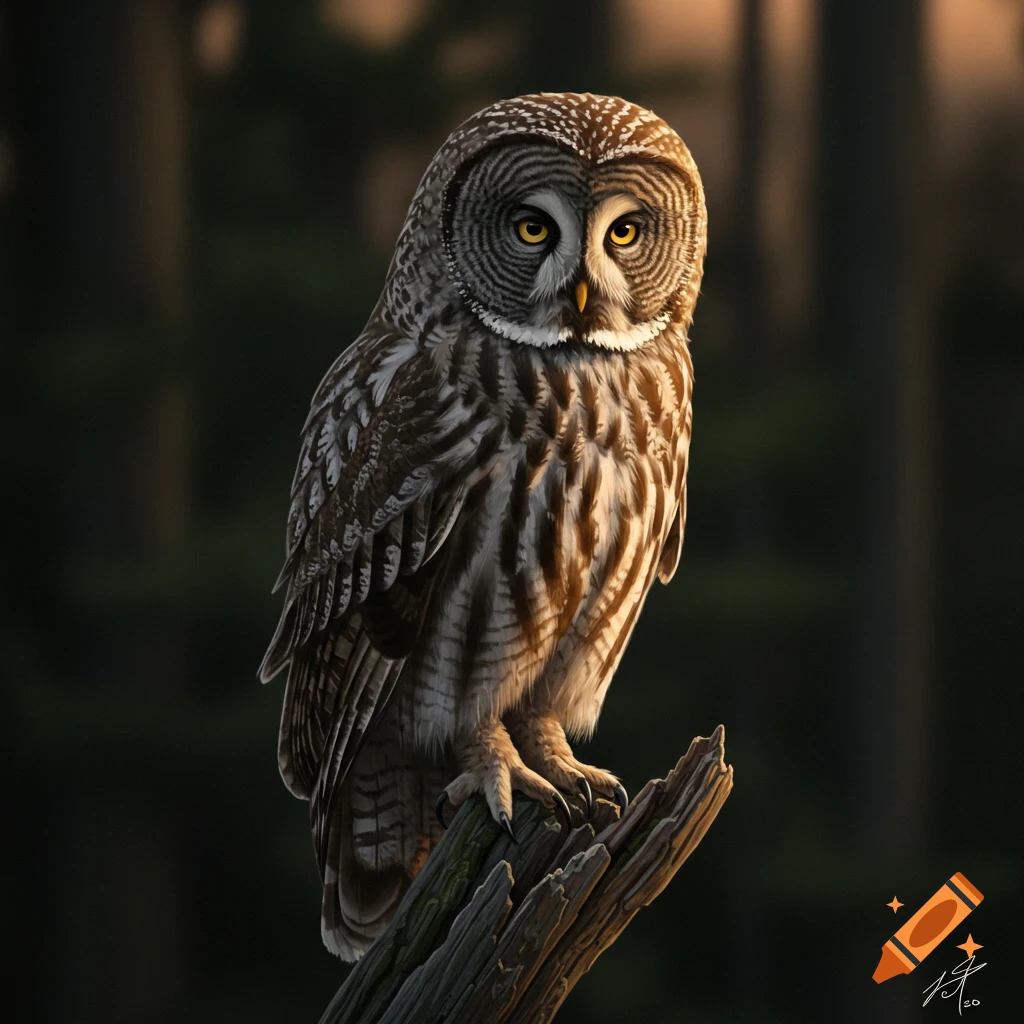 A great grey owl perched on a log at sunset.