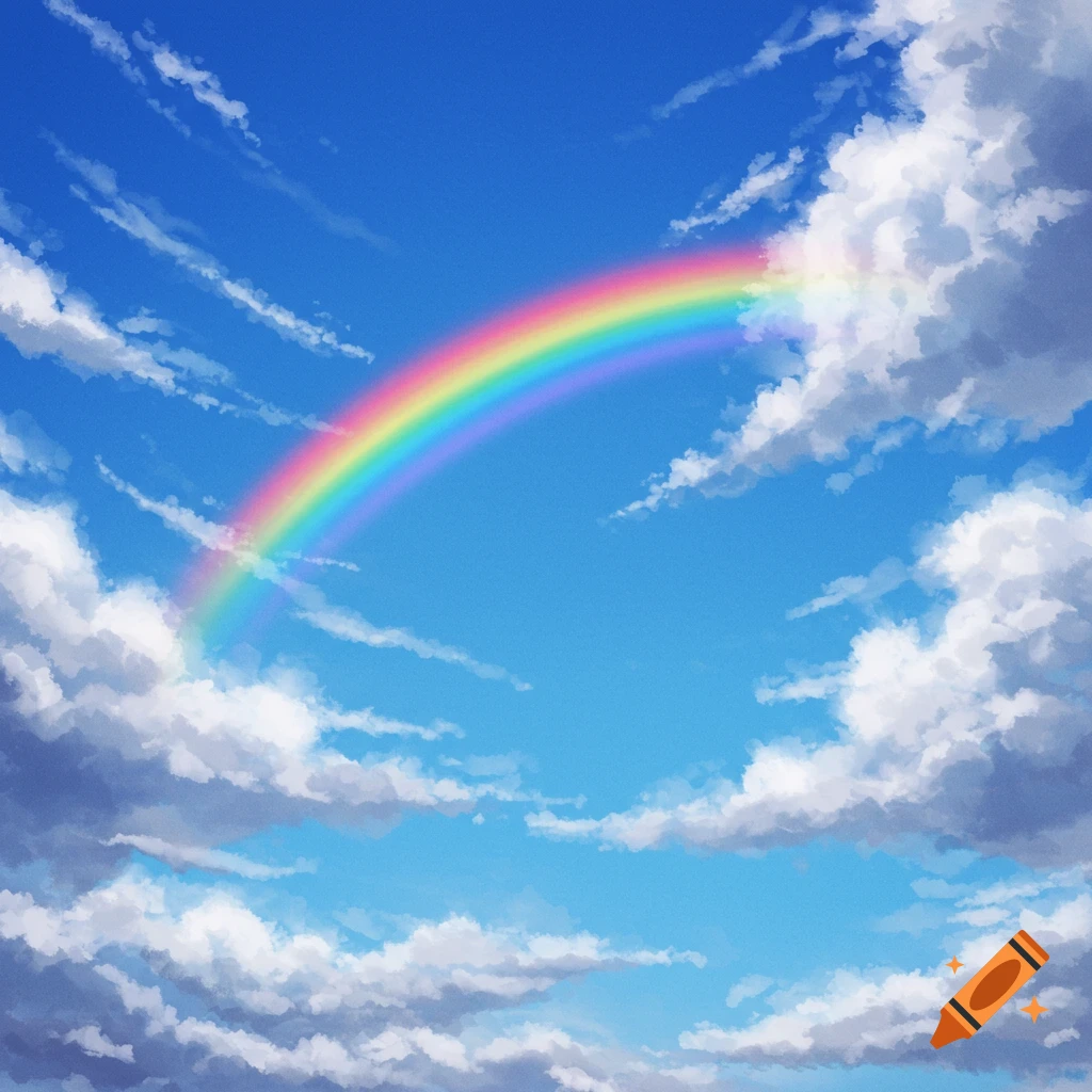 Blue sky with clouds and a rainbow.