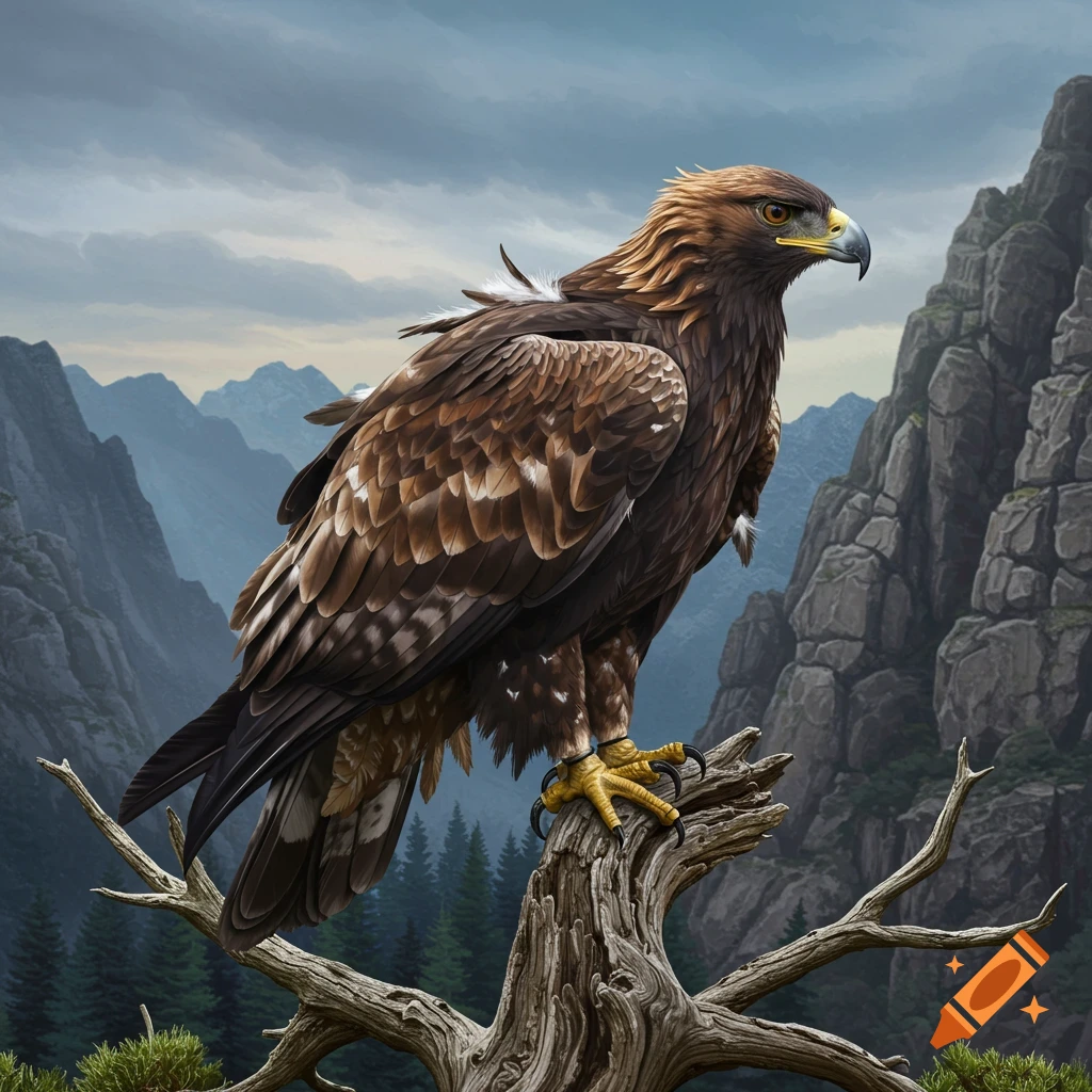 A golden eagle perched on a branch in a mountain landscape.