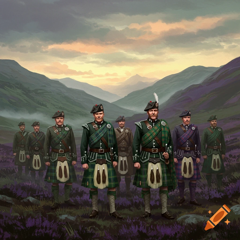 Several men in Scottish military uniforms and kilts are standing in a field of purple heather with mountains at sunset.