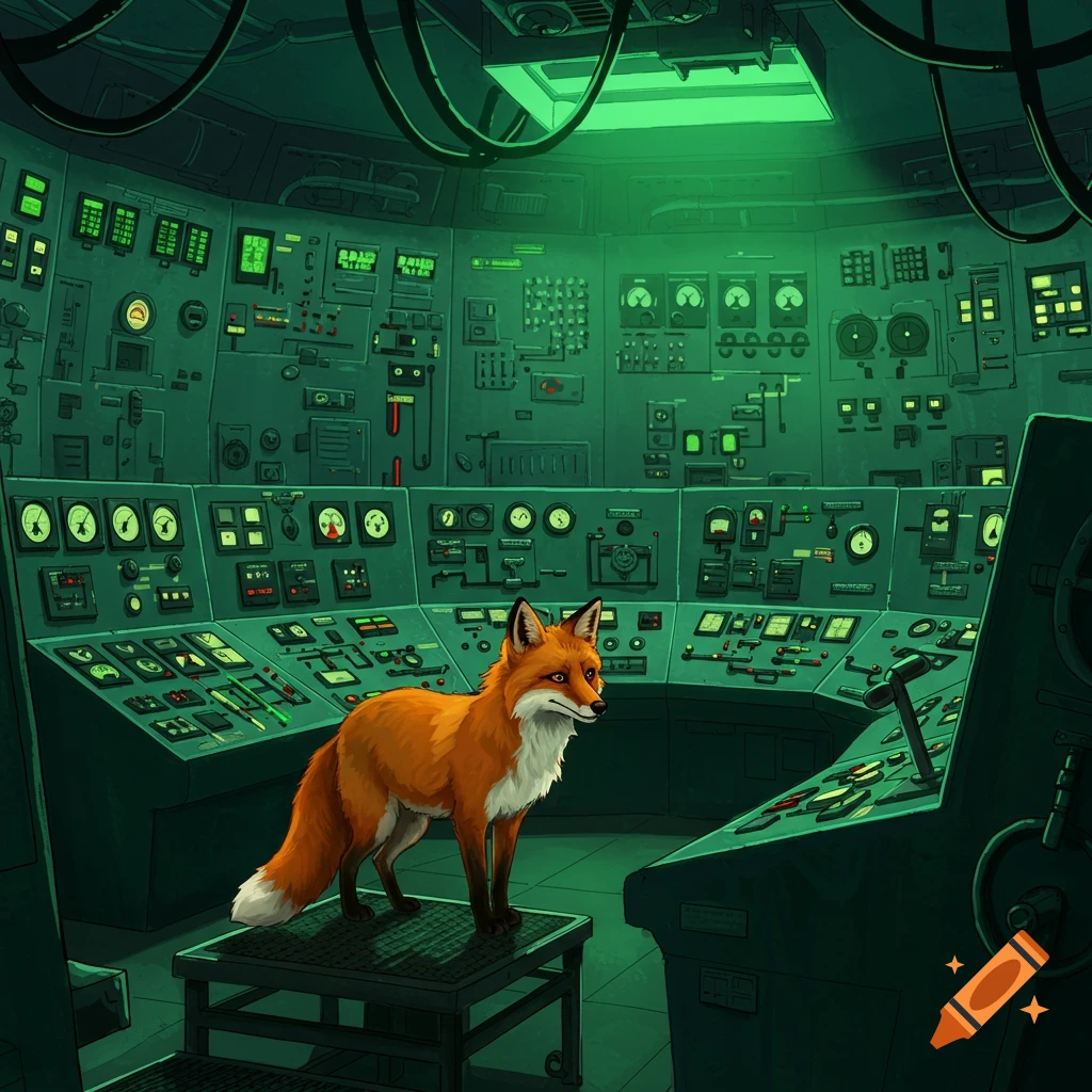 A fox standing in a green-lit nuclear power plant control room.