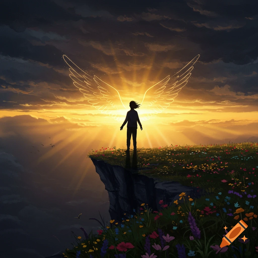 A person with glowing wings stands on a cliff at sunrise amidst wildflowers.