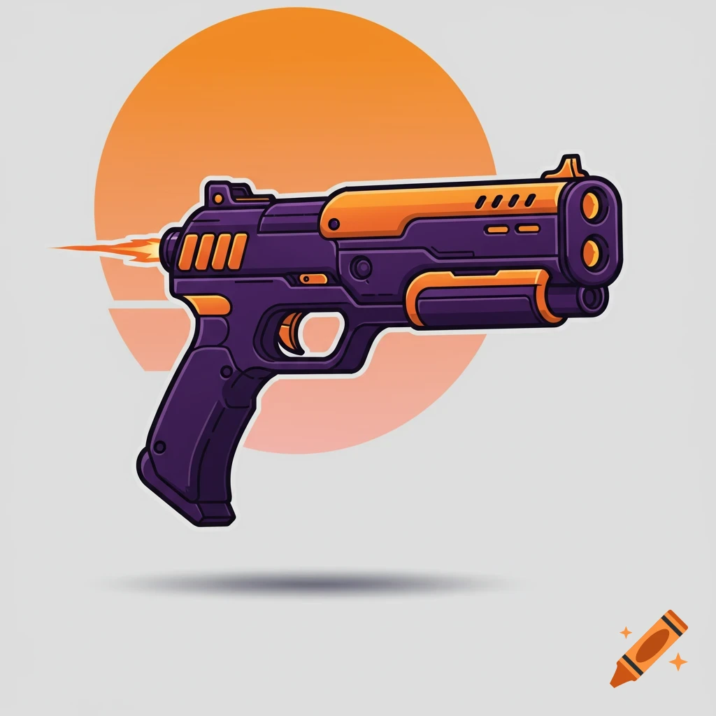 Stylized purple and orange futuristic pistol firing