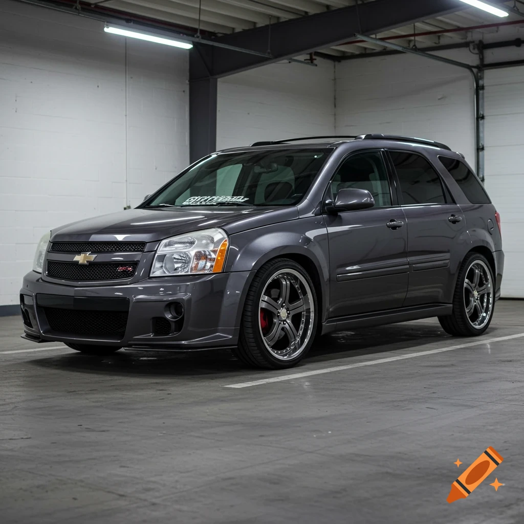 A dark gray modified Chevrolet Equinox parked in a concrete garage.
