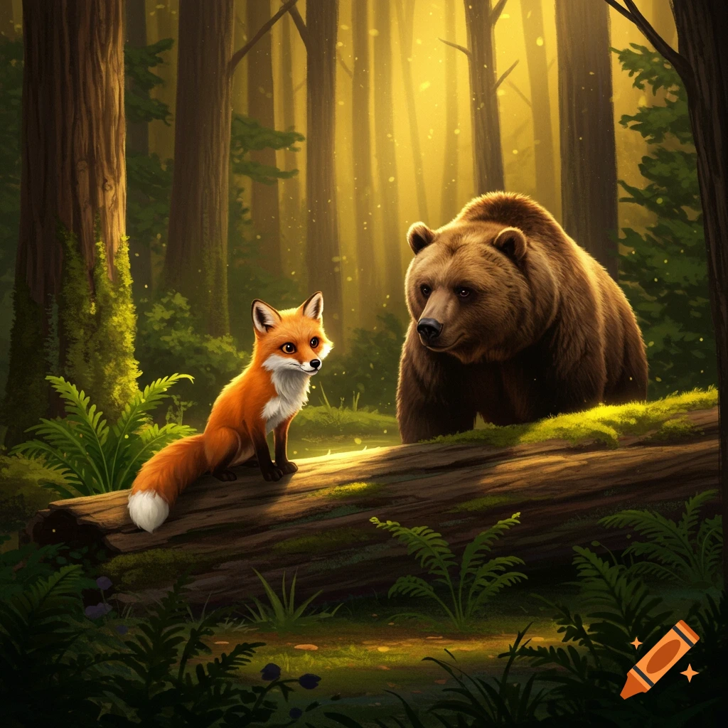 A fox and a bear in a sunlit forest.