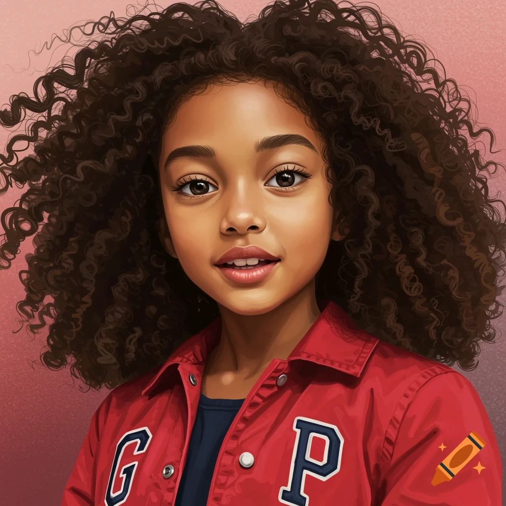 A young girl with curly hair is wearing a red jacket.