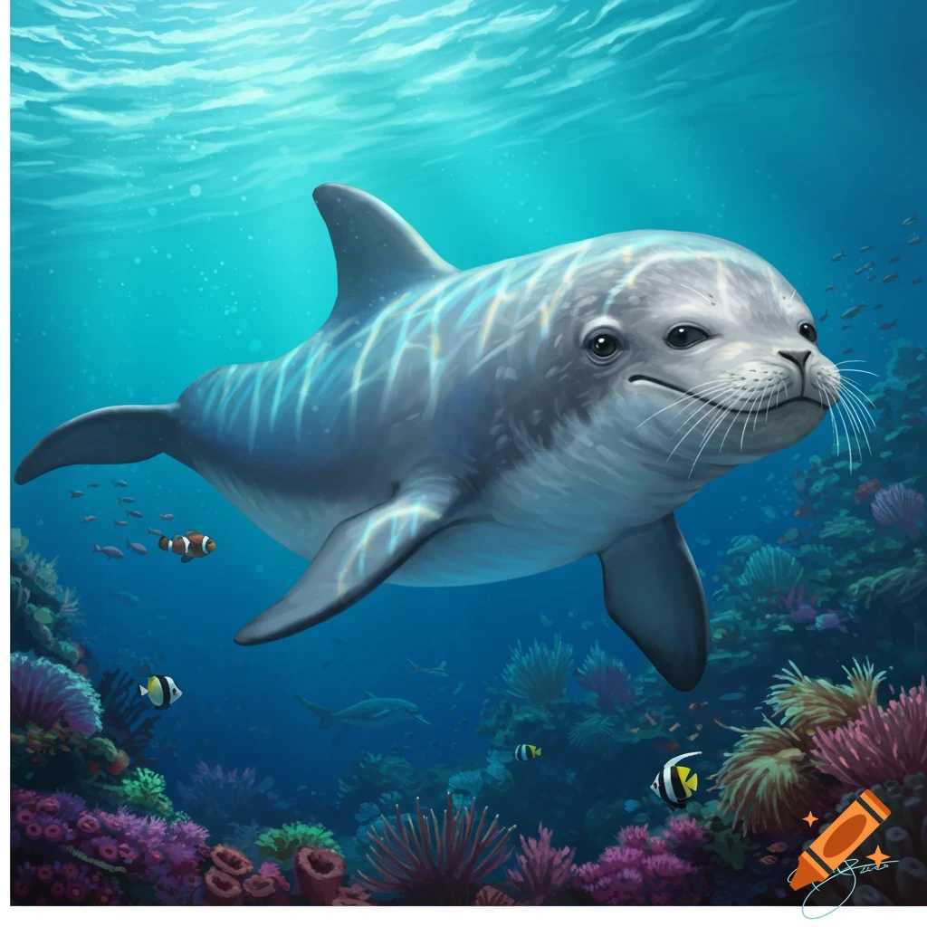 A dolphin and seal hybrid swimming over a colorful coral reef with fish.