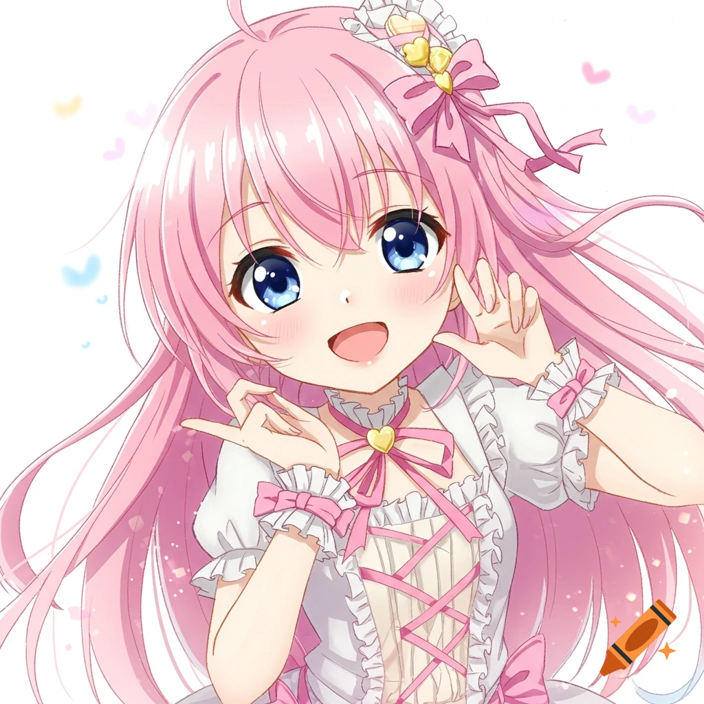 Cute anime girl with pink hair and blue eyes, wearing a pink and white dress, on a white background.