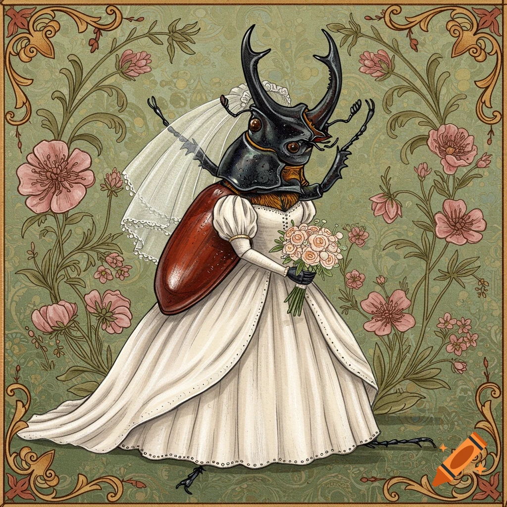 Illustration of a beetle wearing a wedding dress and veil, holding a bouquet, surrounded by floral patterns.
