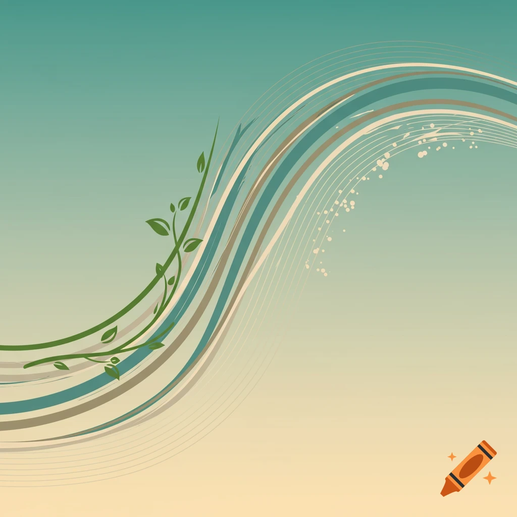 Abstract vector graphic with flowing lines and green leaves on a teal to beige gradient background.