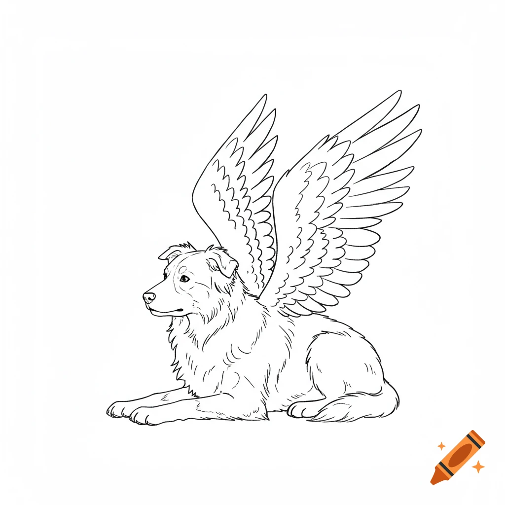 Line art sketch of a dog with wings, lying down