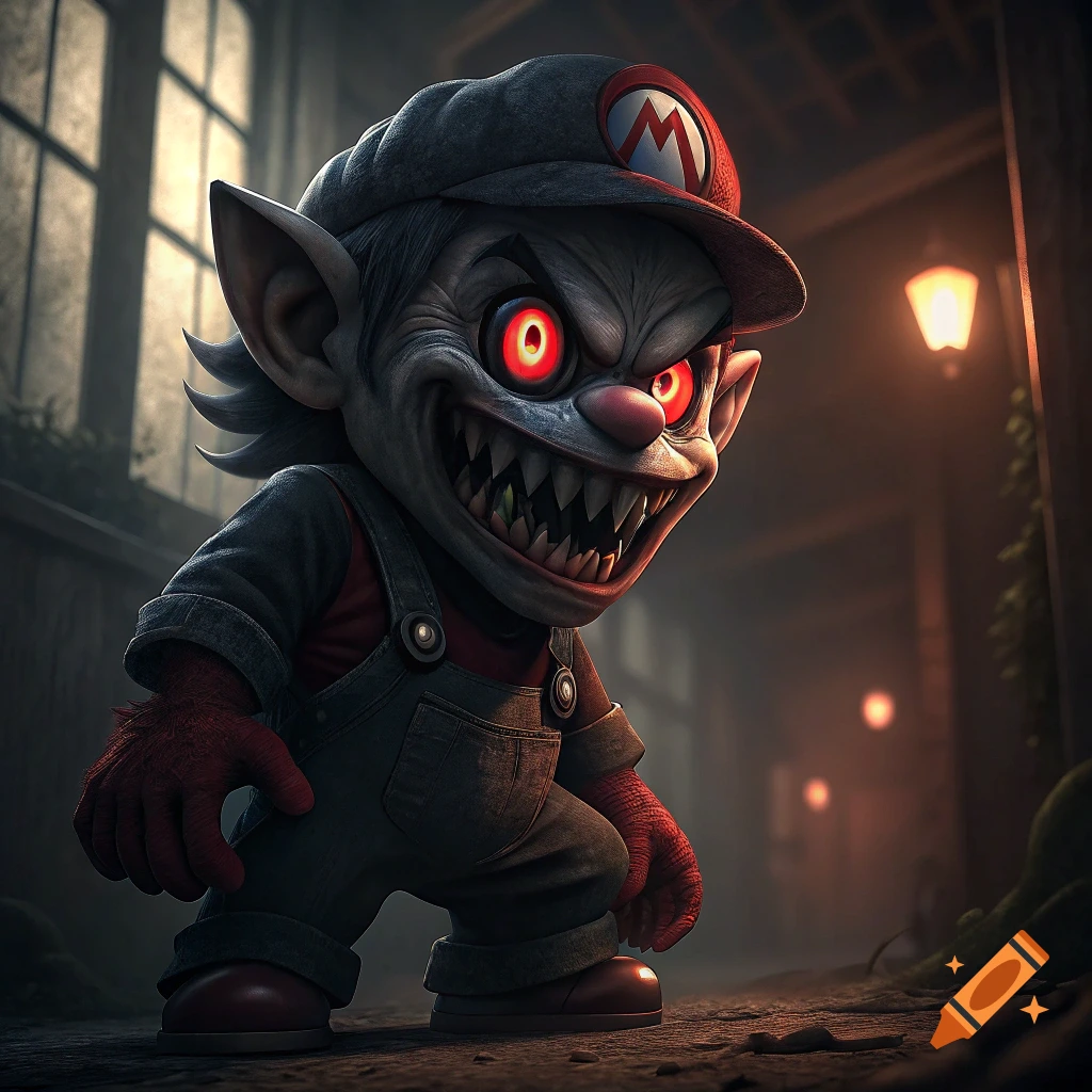 A creepy, monstrous character with glowing red eyes and sharp teeth wears a cap and overalls in a dark alley.