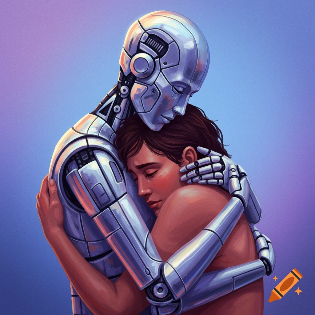 A silver robot gently hugging a human.