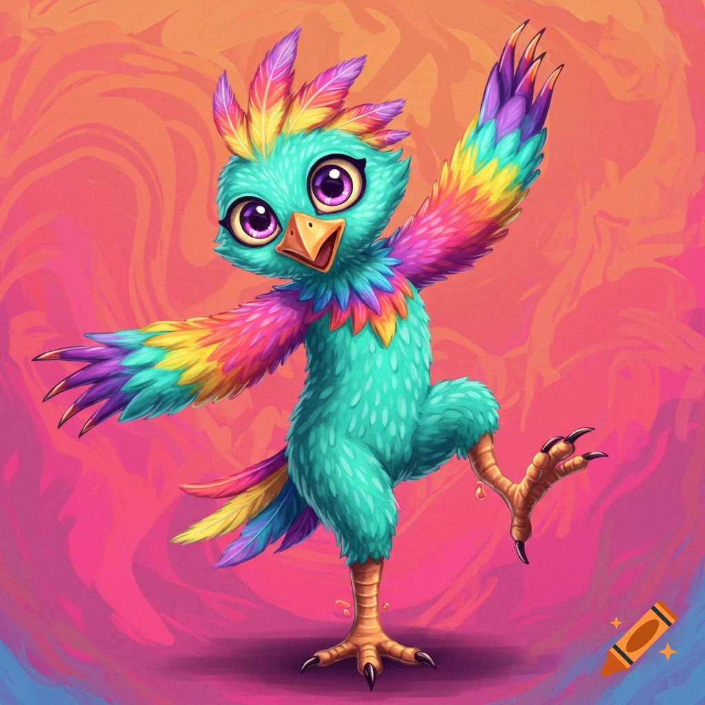 A colorful cartoon bird with purple eyes and rainbow feathers dancing.