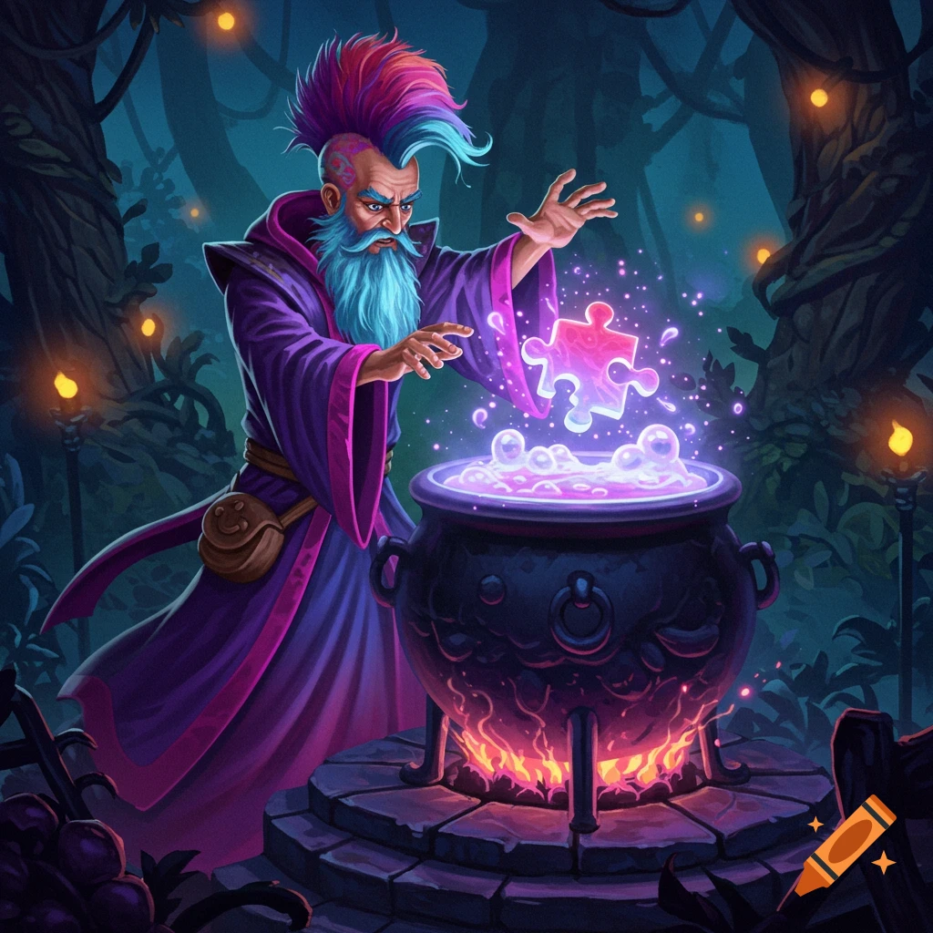 A wizard with a mohawk is summoning a glowing puzzle piece from a cauldron in a forest.