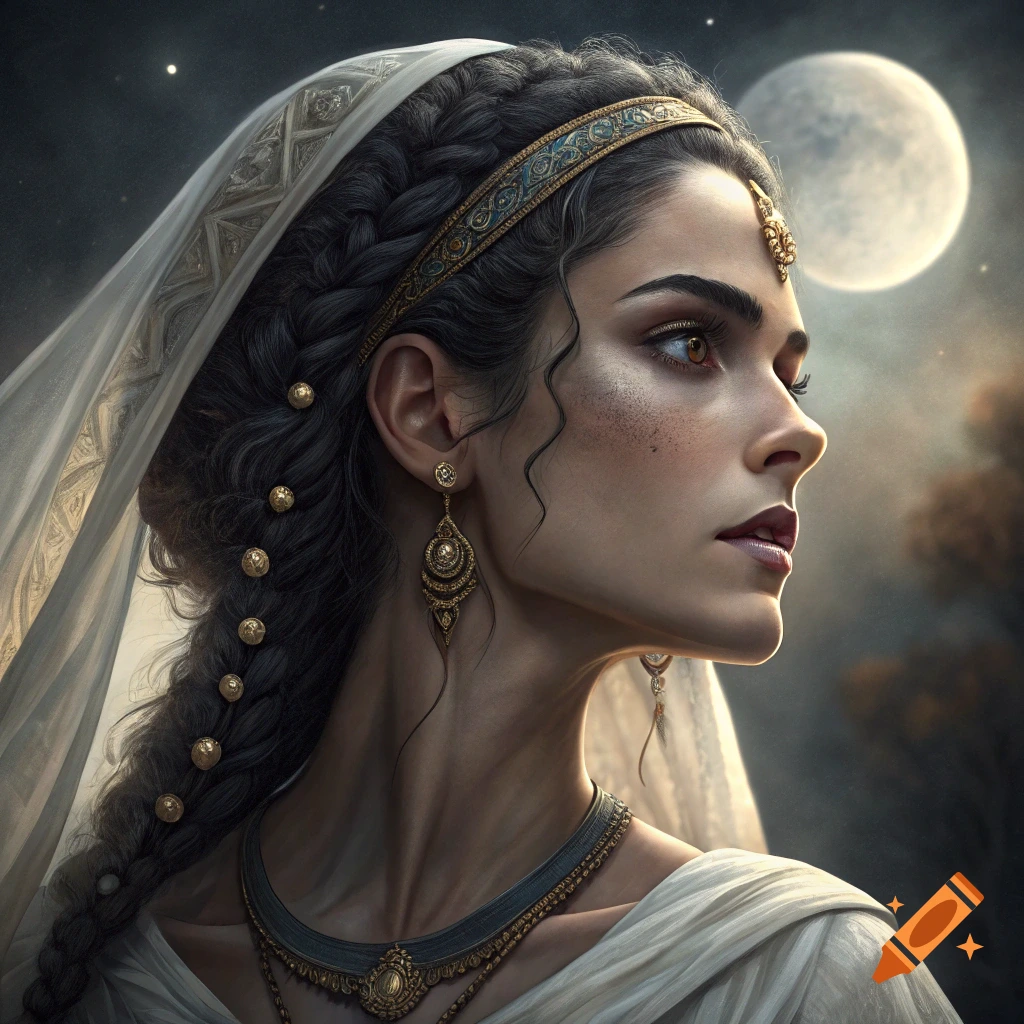 Fantasy portrait of a woman with braided dark hair, elaborate jewelry, and veil, looking right against a night sky with a large moon.