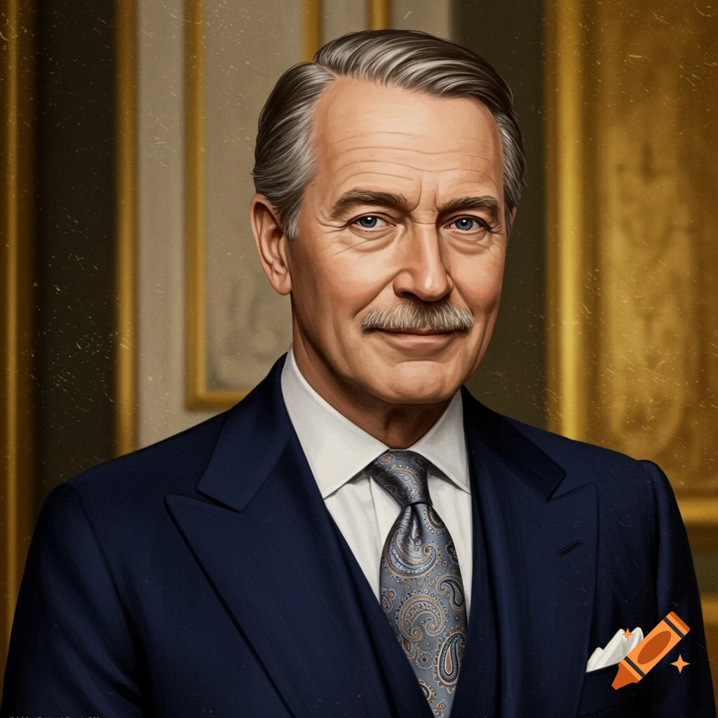 A distinguished man in a suit with a mustache.