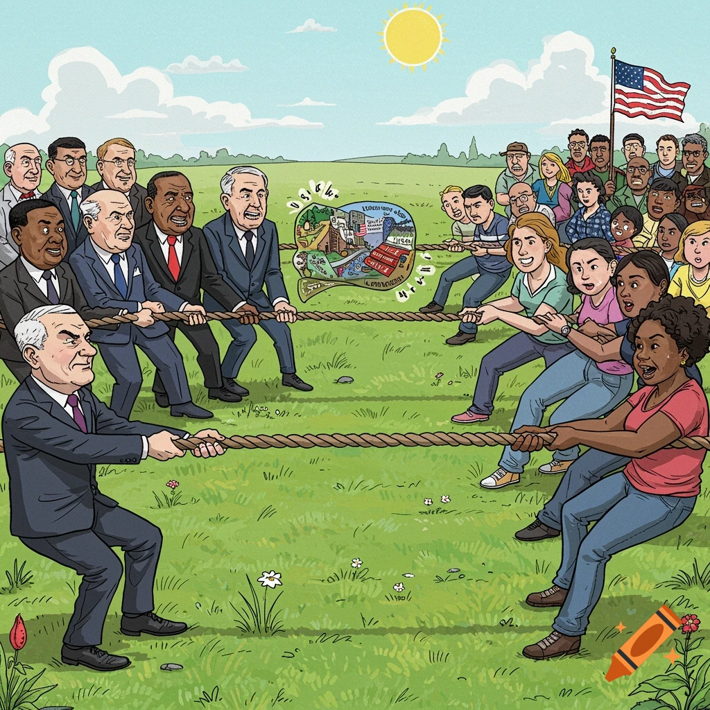 Cartoon illustration of a tug-of-war between figures in suits (Federal Government) and diverse people in casual clothes (States) in a field.