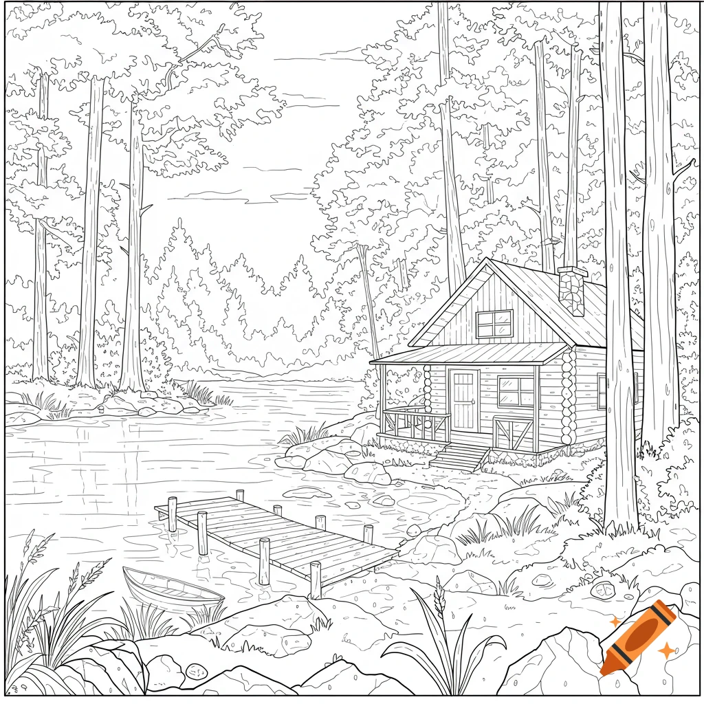 Black and white line drawing of a log cabin by a lake with a dock and forest.