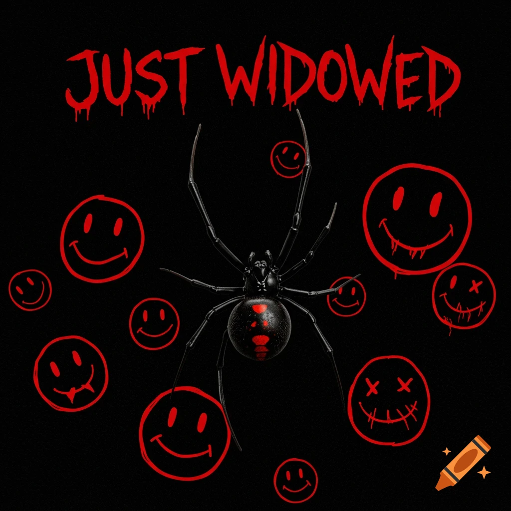 A black widow spider surrounded by red, hand-drawn smiley faces with red text 'JUST WIDOWED' above, on a black background.