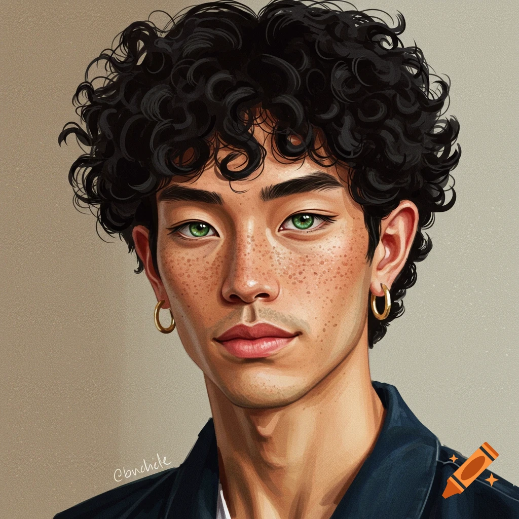 A person with curly black hair, green eyes, and freckles, wearing hoop earrings.