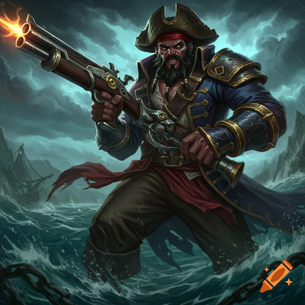 The pirate Gangplank is depicted holding a musket amidst a storm.