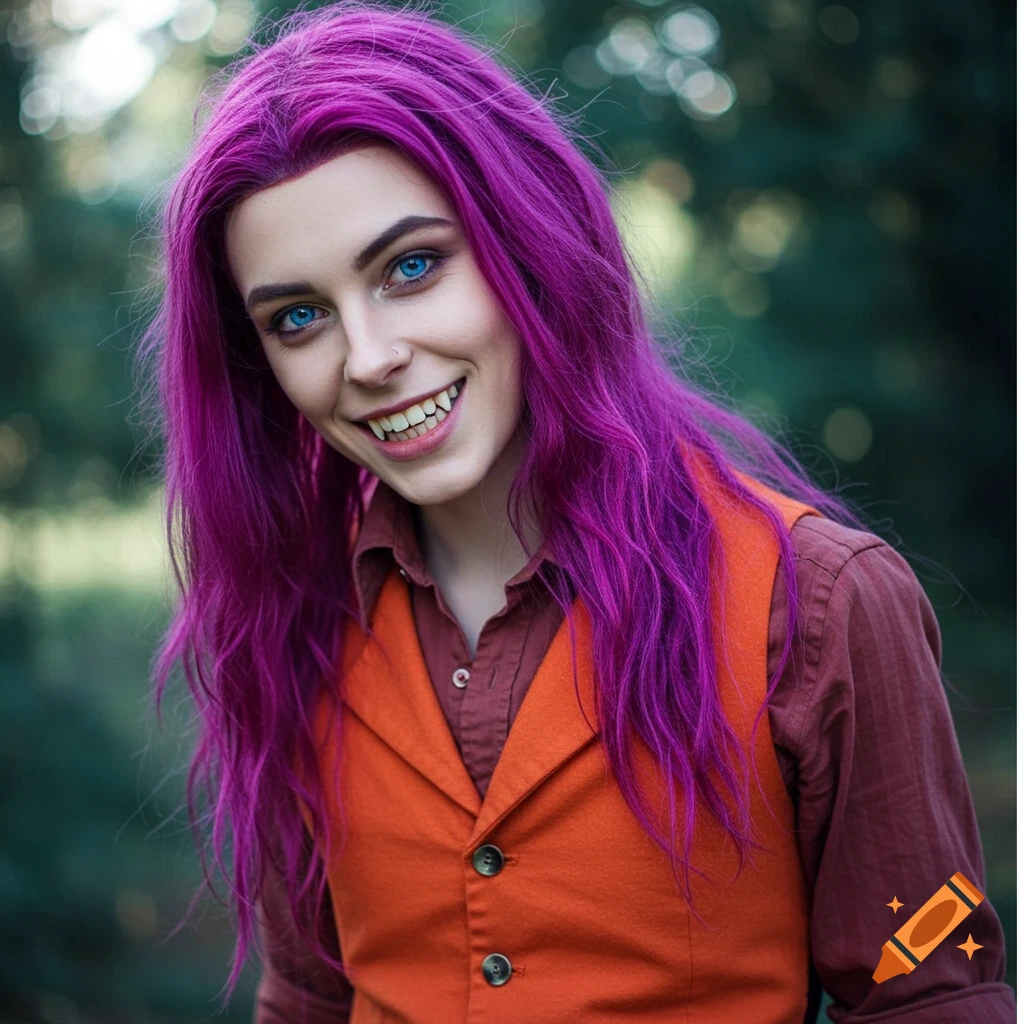 Portrait of a young woman with purple hair, blue eyes, and a wide smile, inspired by the Cheshire Cat.