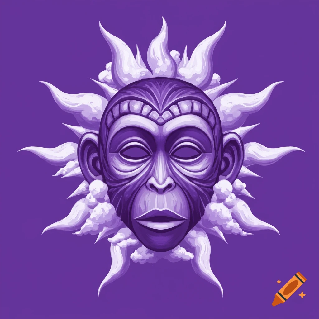 Stylized purple monkey mask surrounded by white shapes representing sun and clouds on a purple background.