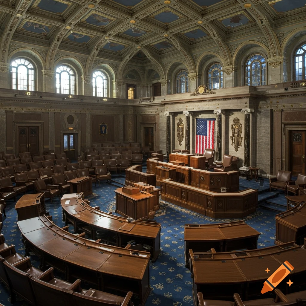 Interior view of the U.S. House of Representatives chambers with tiered seating, desks, an American flag, and ornate architecture.