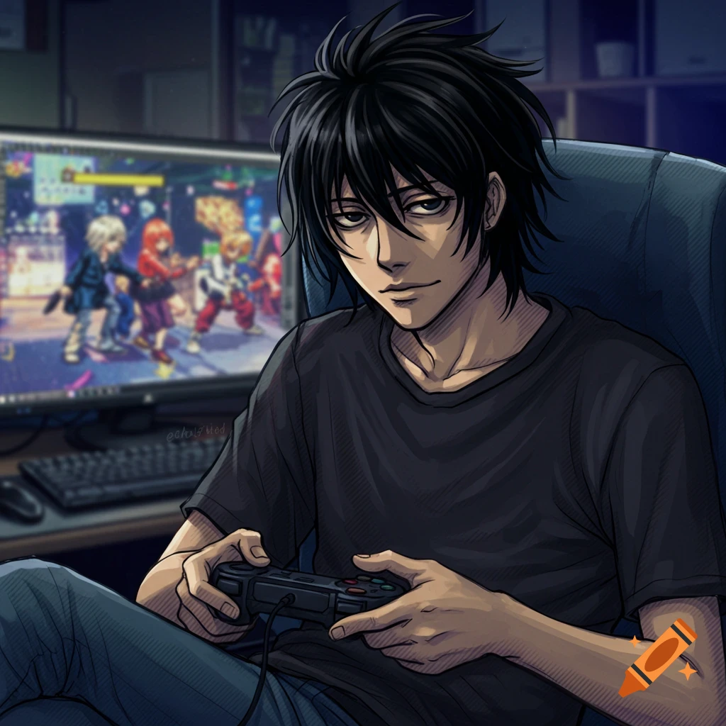 Anime style picture of a person playing a video game, holding a controller
