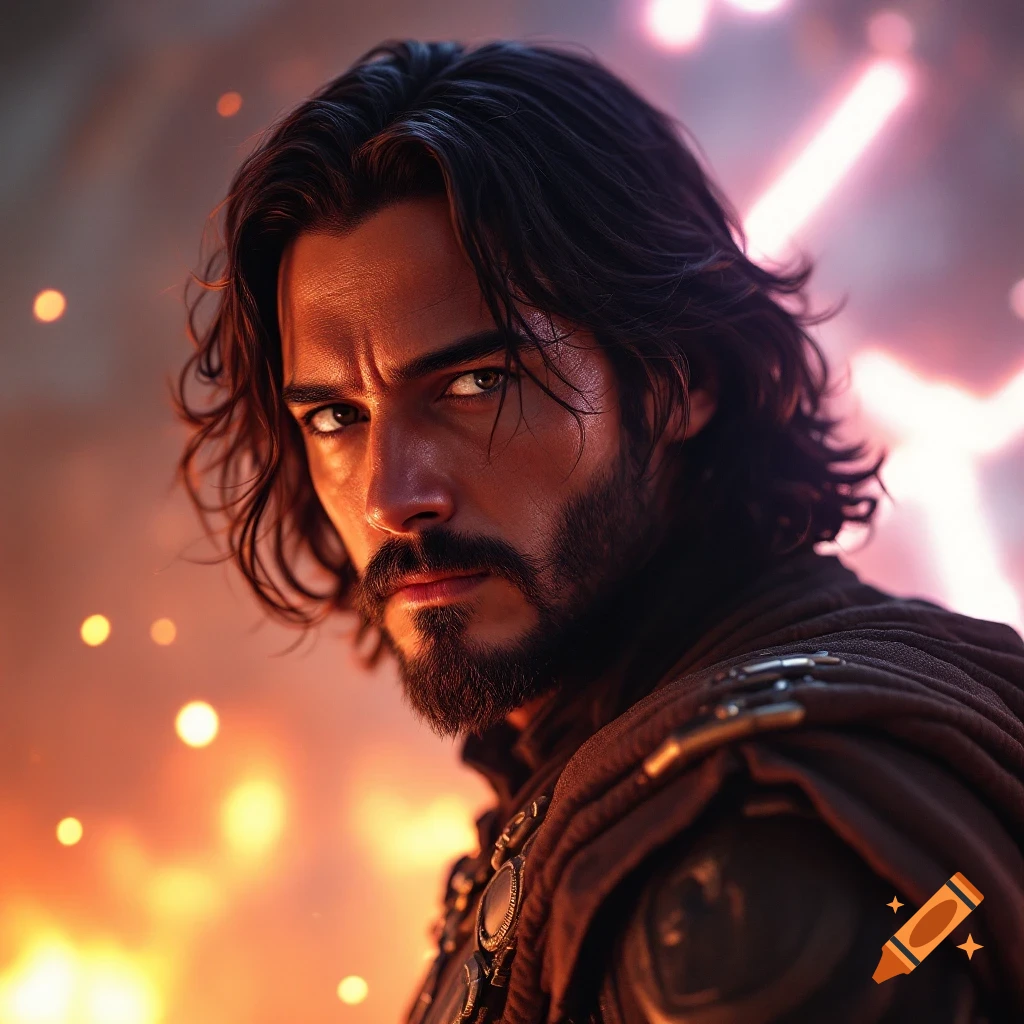 Close-up portrait of a man resembling Diego Luna as a space warrior against a glowing background.