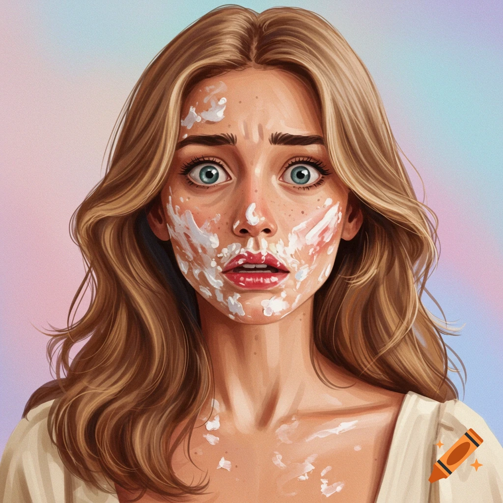 A woman with white splatters on her face looks scared.