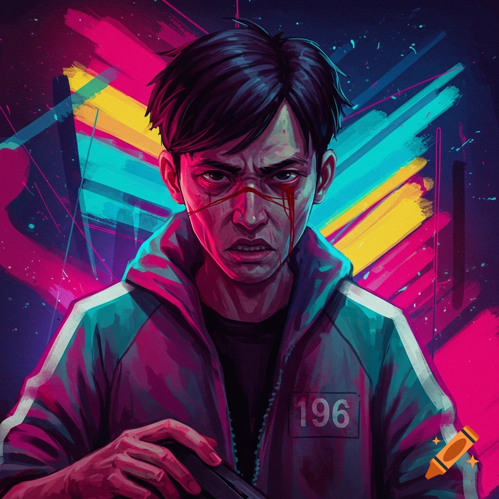 A stylized image of a man in a blue Squid Game jacket with blood on his face, looking angry.