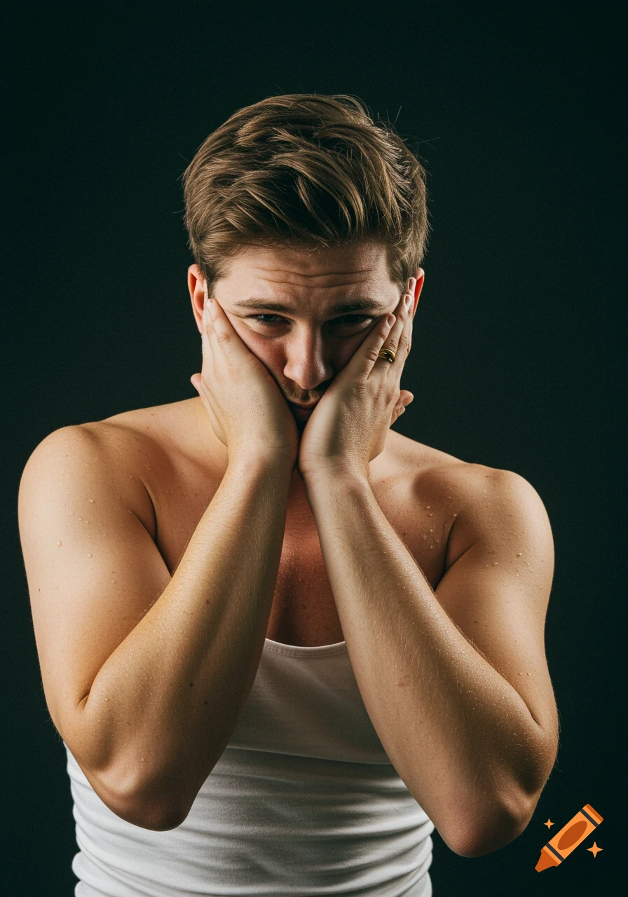 Close-up studio portrait of a man holding his face in his hands