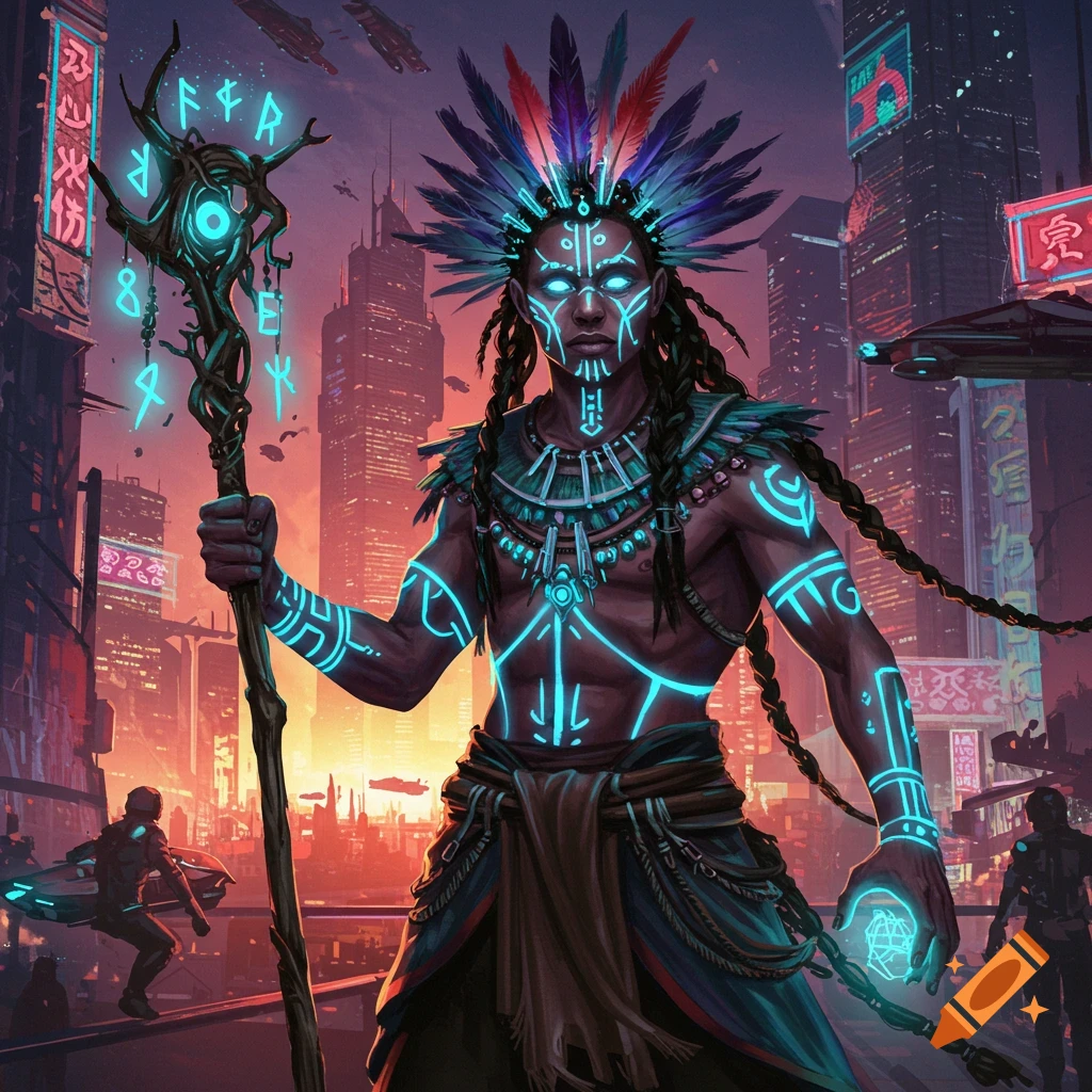 A cyberpunk shaman with glowing markings and staff stands in a futuristic city.