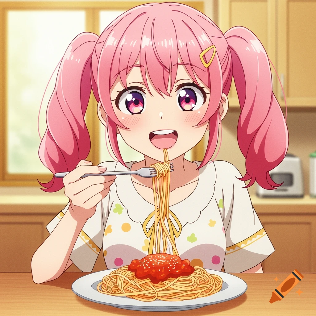 Anime girl with pink pigtails eating spaghetti with a fork.