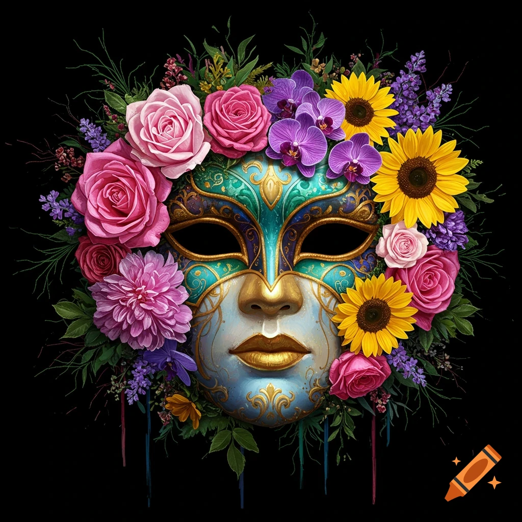 Colorful mask surrounded by pink roses, purple orchids, yellow sunflowers, and other flowers.