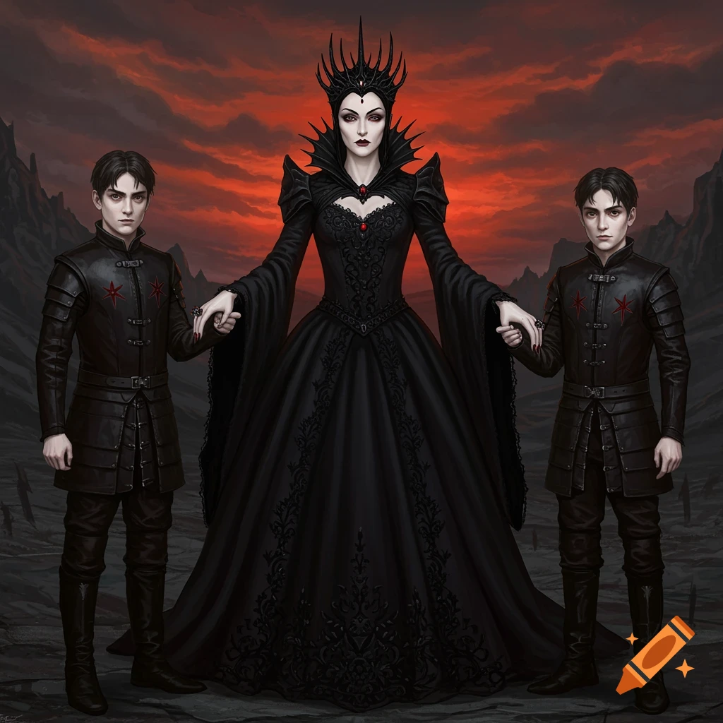 An evil queen and her two sons in black outfits in a dark landscape under a crimson sky.